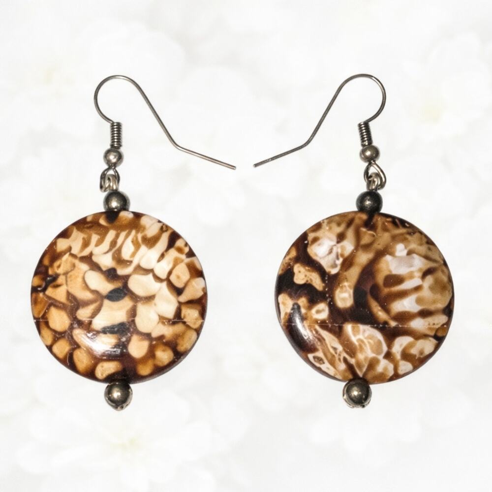 Vintage Murano Style Glass Earrings Dangle Drop Brown 1 inch Silver Tone